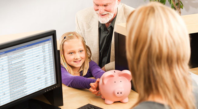 Child Handing Coin Piggy Bank, Opening Bank Account with Teller