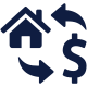 Graphic icon of home equity line of credit: house icon and money symbol with arrows pointing to each icon in a circular motion