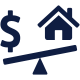 Graphic icon of house and money sign on a balance type beam representing home equity loan