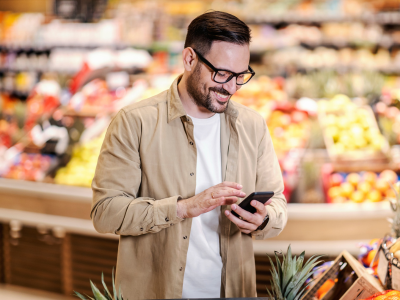 Man using phone in grocery store